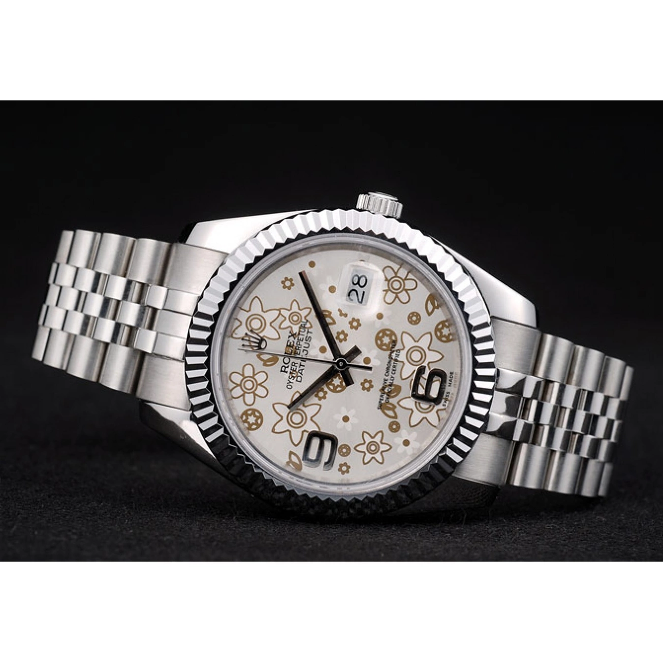 Rolex aaa copy 42001 Steel Dial Ribbed Stainless Rolex Swiss Flower Bezel Silver DateJust 0728